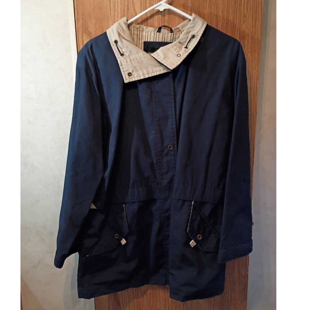 Vintage 90s Womens Navy Tan Field Jacket Medium Oversized Utility Workwear
